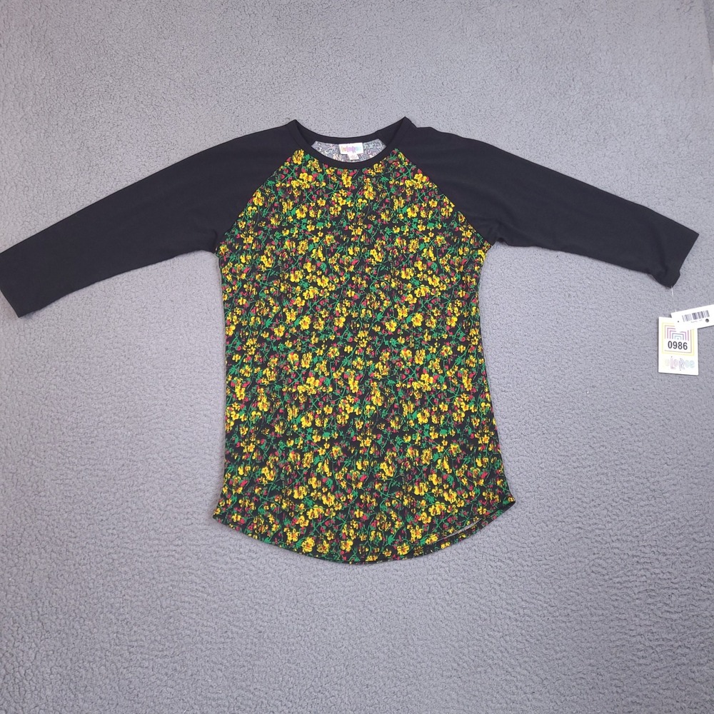 LuLaRoe Randy Baseball Tee Womens XS Black Yellow Floral Raglan Sleeve‎ Top NEW